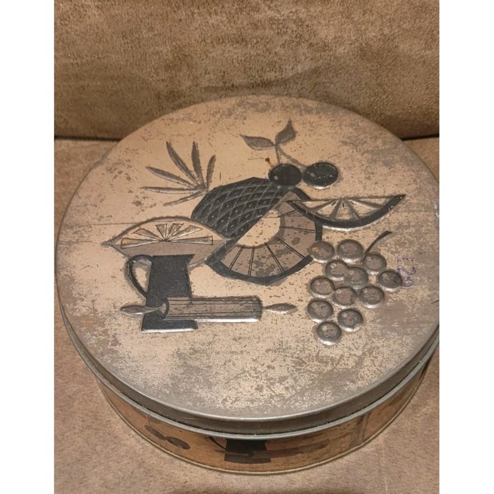 Appx 7" Metal Cookie Canister Vintage Tin Fruit Lid